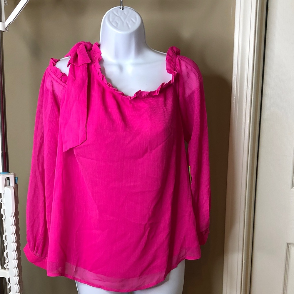 CeCe Hot Pink Tie-Shoulder Ruffle Blouse